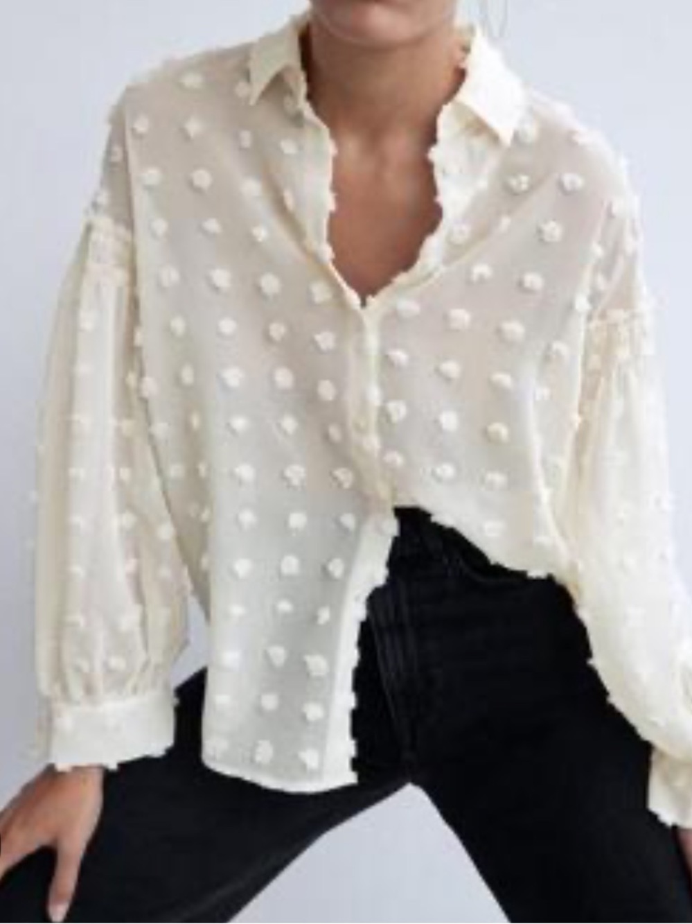 Zara Button Down Cream Collared Tunic Flowy Sheer Dotted Swiss Top Size XS